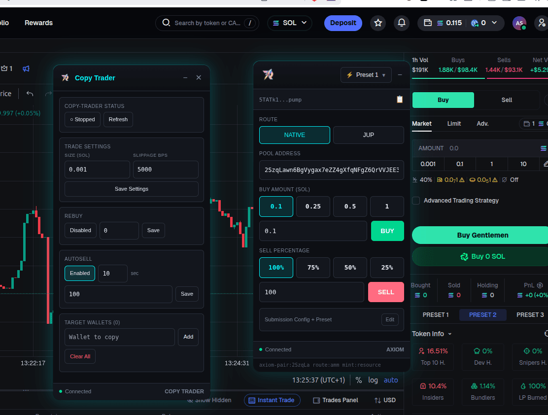 Rust Rocket Chrome Extension trading panel overlaid on an Axiom chart view