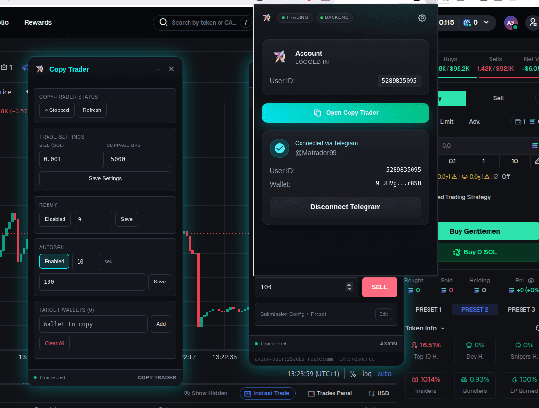 Close-up of the Rust Rocket Chrome Extension trading panel showing buy/sell controls